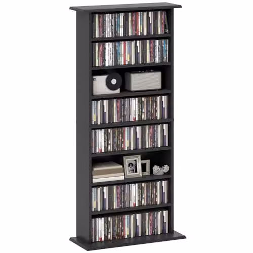 HOMCOM Black Media Storage Unit with 6 Adjustable Shelves for CDs and DVDs – 1