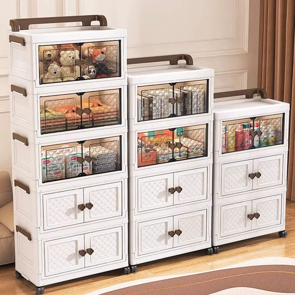 KORVIXA 3-Tier Folding Stackable Storage Box on Wheels, White, W/D/H: 67 x 45 x 23 cm – 3
