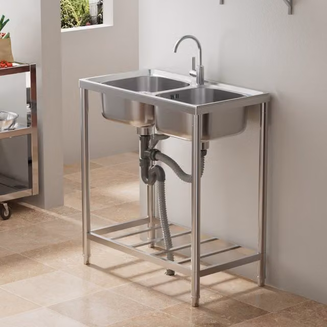 Livingandhome Freestanding Double Stainless Steel Kitchen Sink in Silver