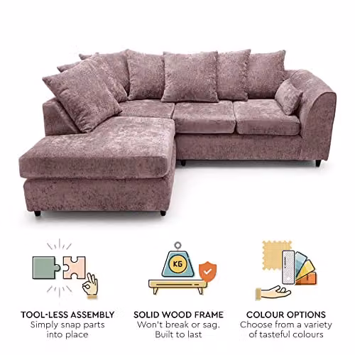 Abakus Direct Harriet Left Facing Corner Sofa in Pink Crushed Chenille with Scatter Cushions, W/D/H: 212 x 90 x 90 cm – 6