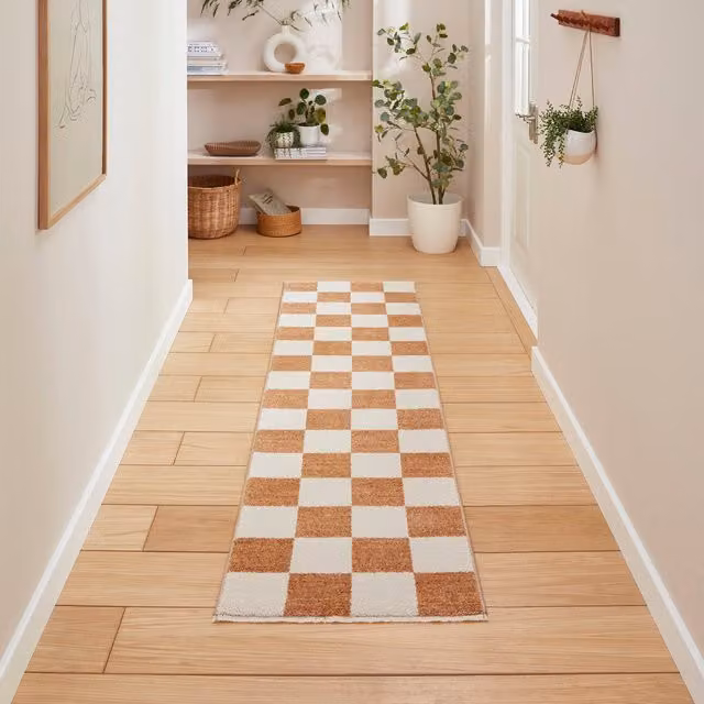 Terrys Baltimore 66618 Smooth Pile Checkerboard Runner Rug, Brown, W: 60 cm, L: 230 cm
