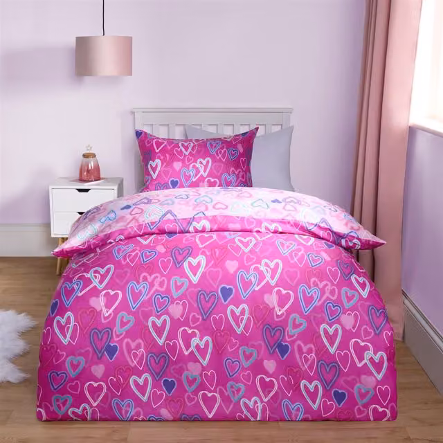 OHS Neon Heart Reversible Kids Duvet Cover and Pillowcase Set in Pink, Single (90 x 200 cm)