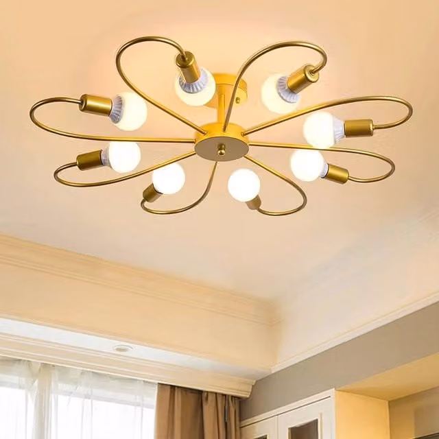 NIVOR 8-Light Industrial Mid Century Flush Mount Ceiling Chandelier in Gold and Brass – 1