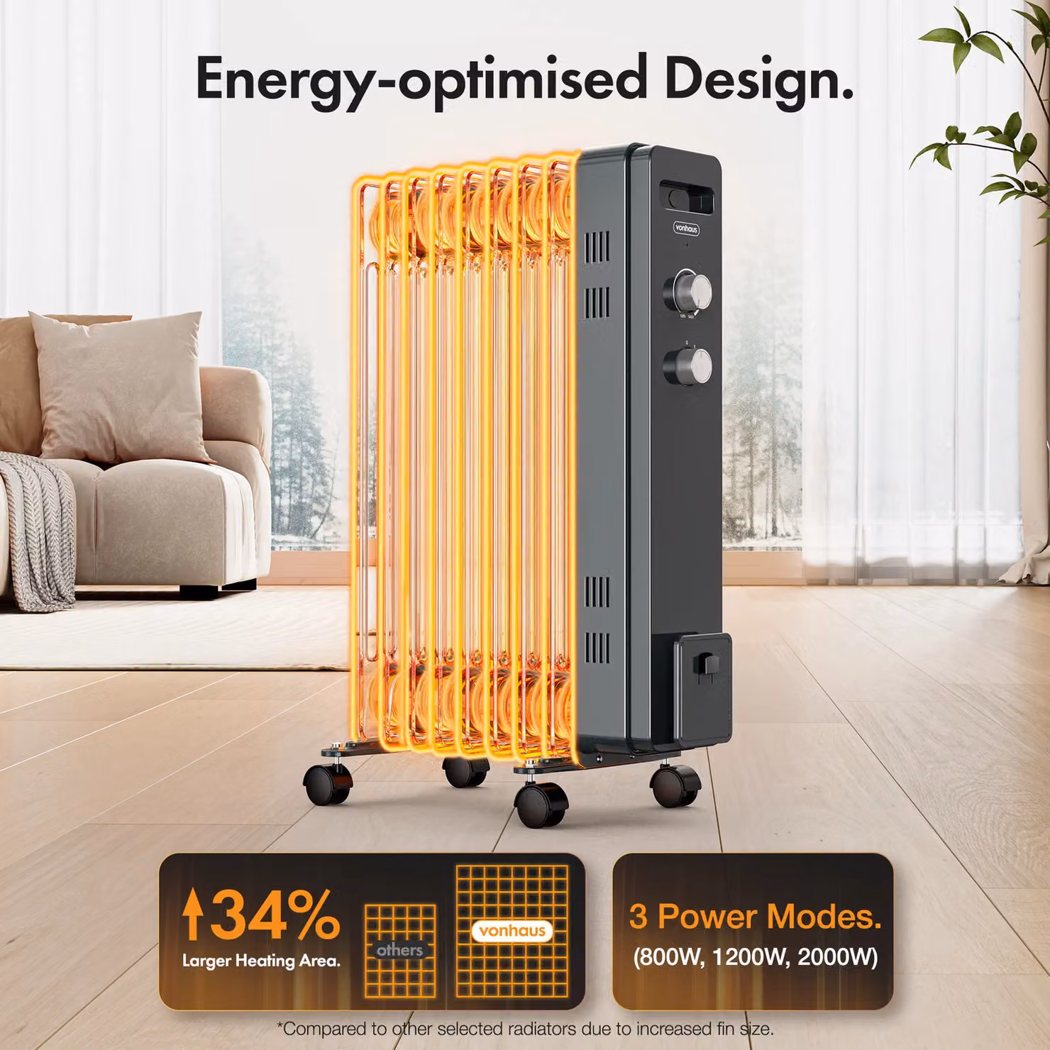 VonHaus 9 Fin Oil Filled Radiator 2000W in Grey – 2