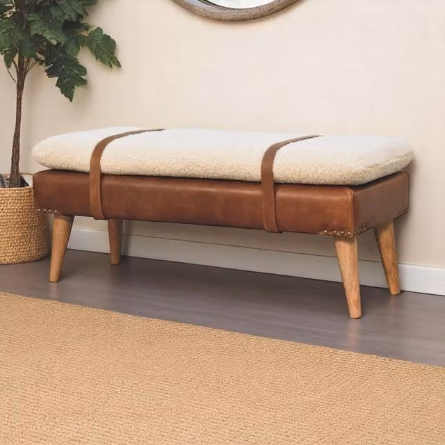 Artisan Furniture Brown Leather Upholstered Solid Wood Dining Bench