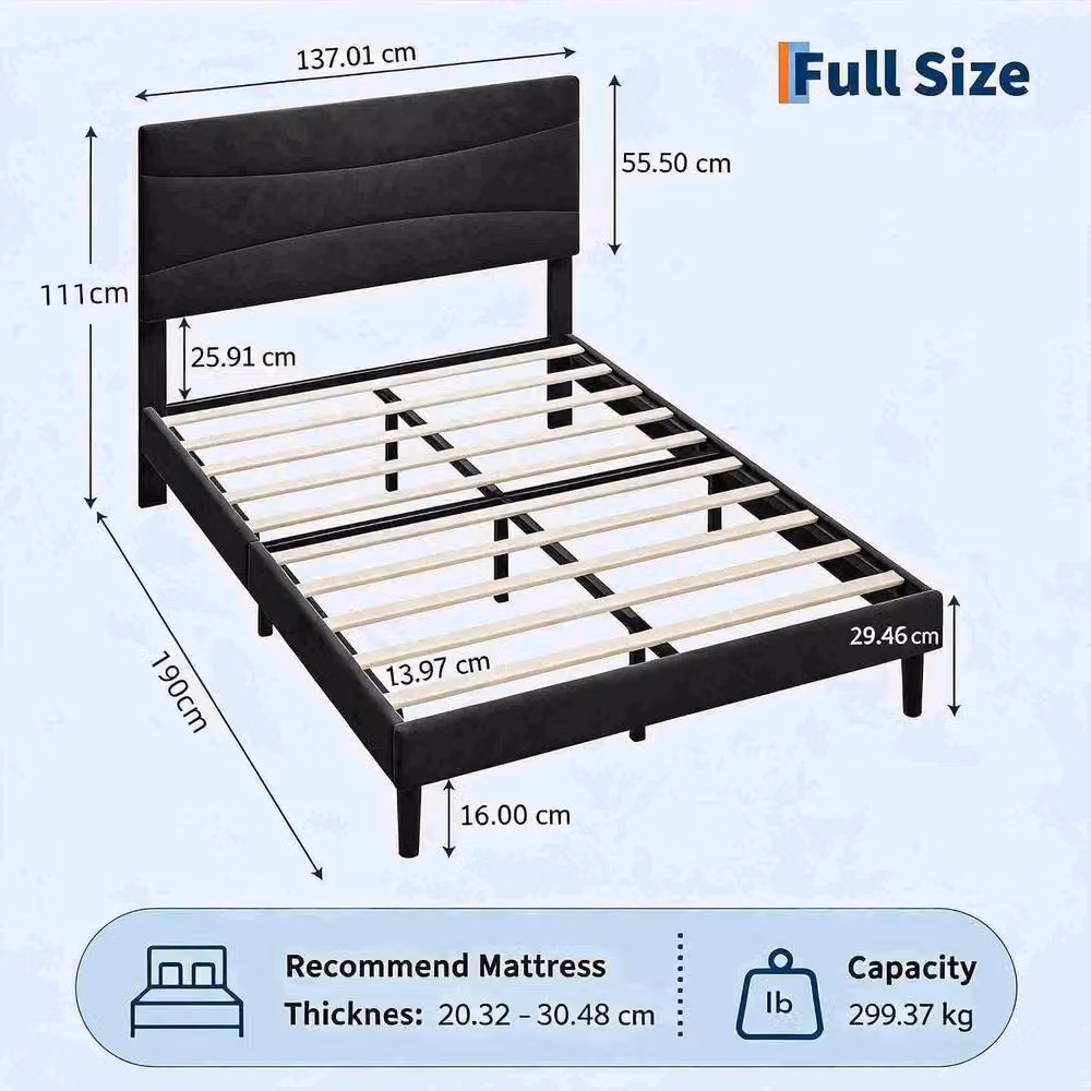 London Boutique Double Size Upholstered Bed Frame with Headboard in Black, W/D/H: 140 x 200 cm – 3