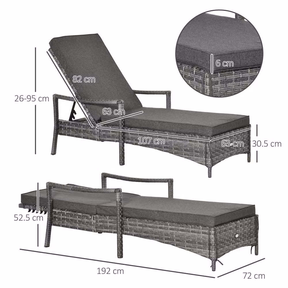 OUTSUNNY Grey Polyrattan Single Sun Lounger with 5-Level Adjustable Headrest and Armrests – 2