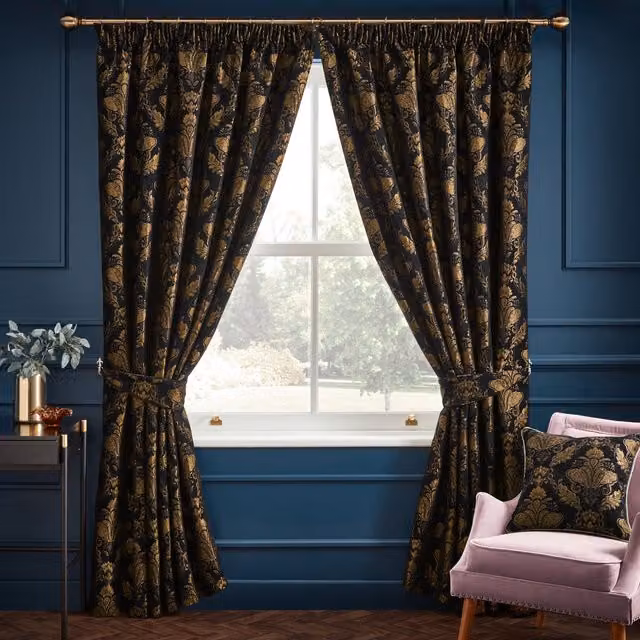 Terrys Shiraz Traditional Jacquard Floral Ready Made Curtains in Black and Gold