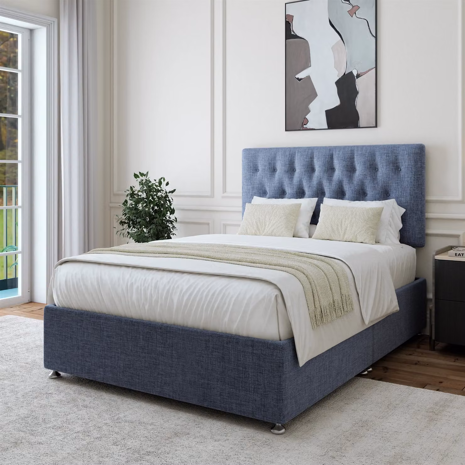 Bedmaster Linen Divan Base and Button Headboard in Black, W/D/H: 180 x 200 cm
