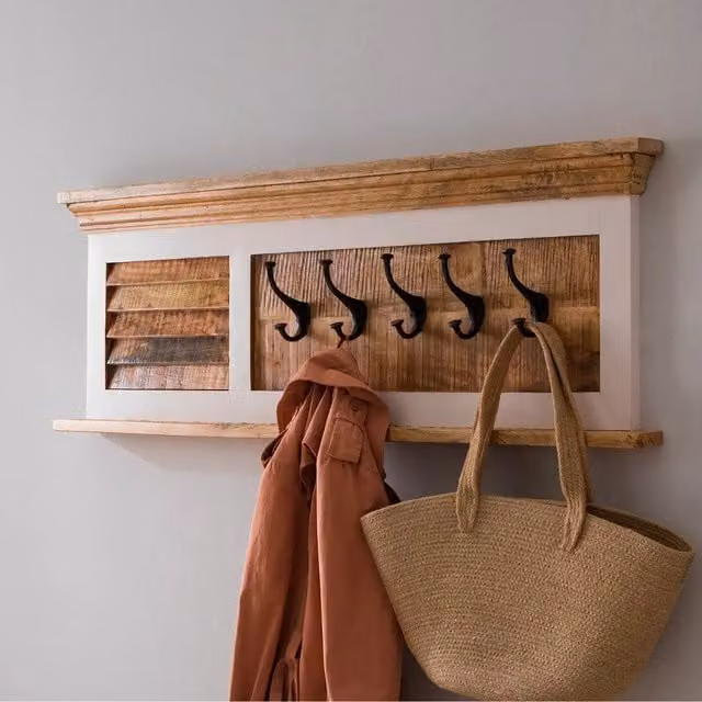 IH Design Rustic White Mango Wood Wall Mounted Hanging Unit with Back Panel
