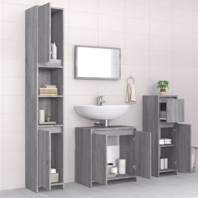 Berkfield Home Modern 4 Piece Grey Matt Bathroom Furniture Set including Mirror Cabinet, Wall Cabinet, Tall Cabinet and Vanity Unit – 1