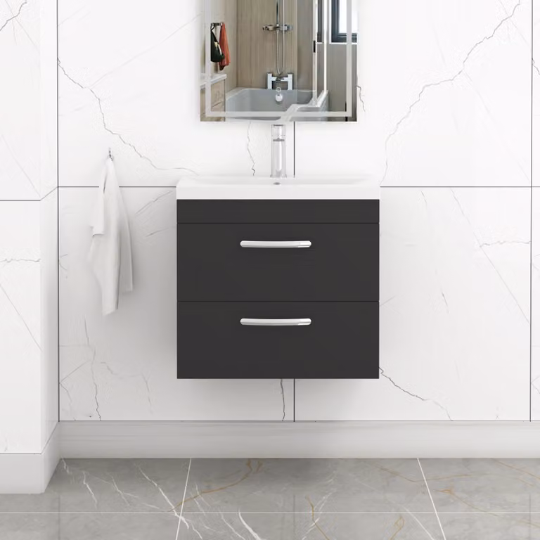 Royal Bathrooms Turin 600mm Matt Black Wall Hung Vanity Unit with 2 Drawers and Mid-Edge Basin