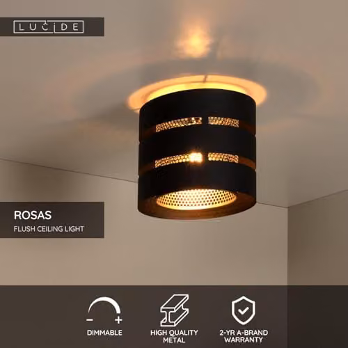 Lucide Rosas Black Metal Flush Ceiling Light, Diameter: 26 cm – 2