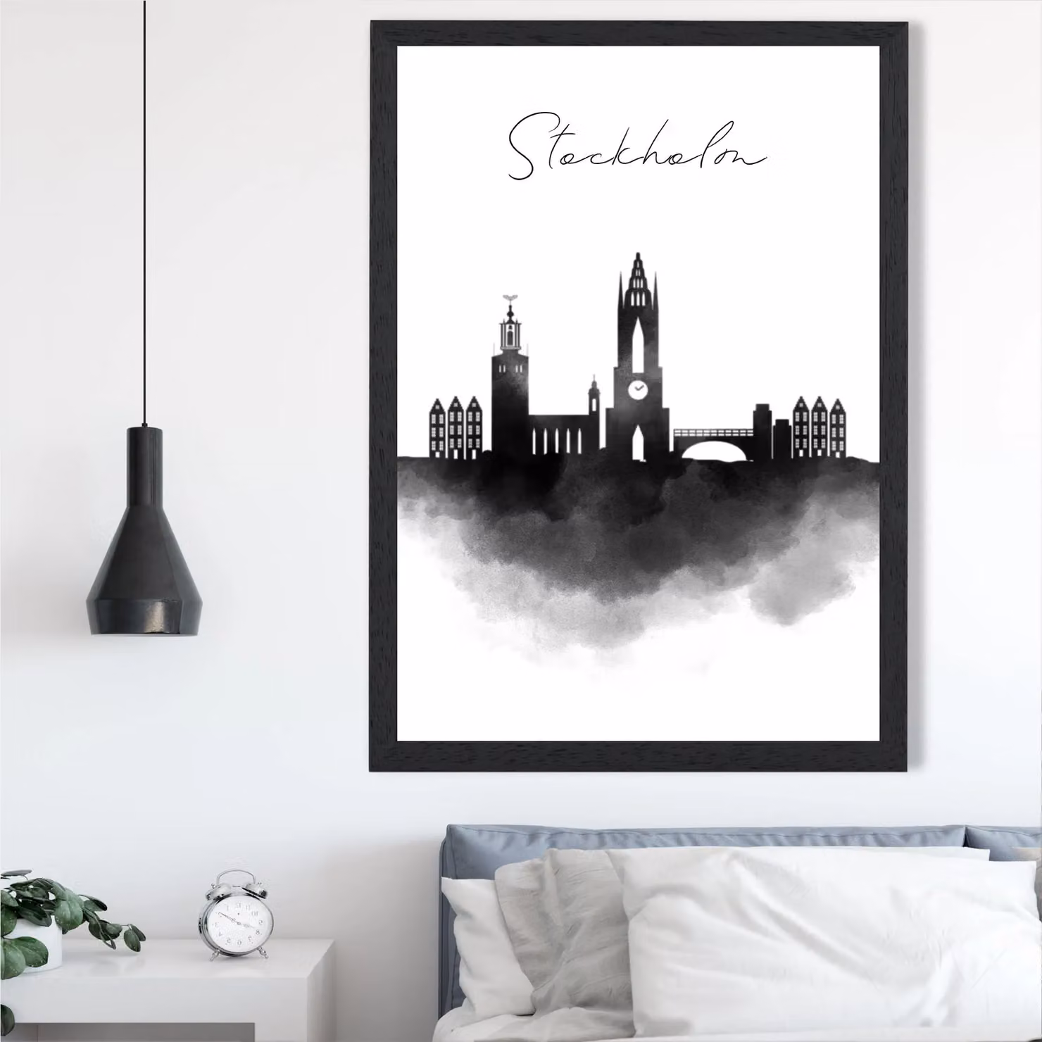 ARTZE Stockholm Watercolour Skyline City Framed Print, Black Frame, A3 – 2