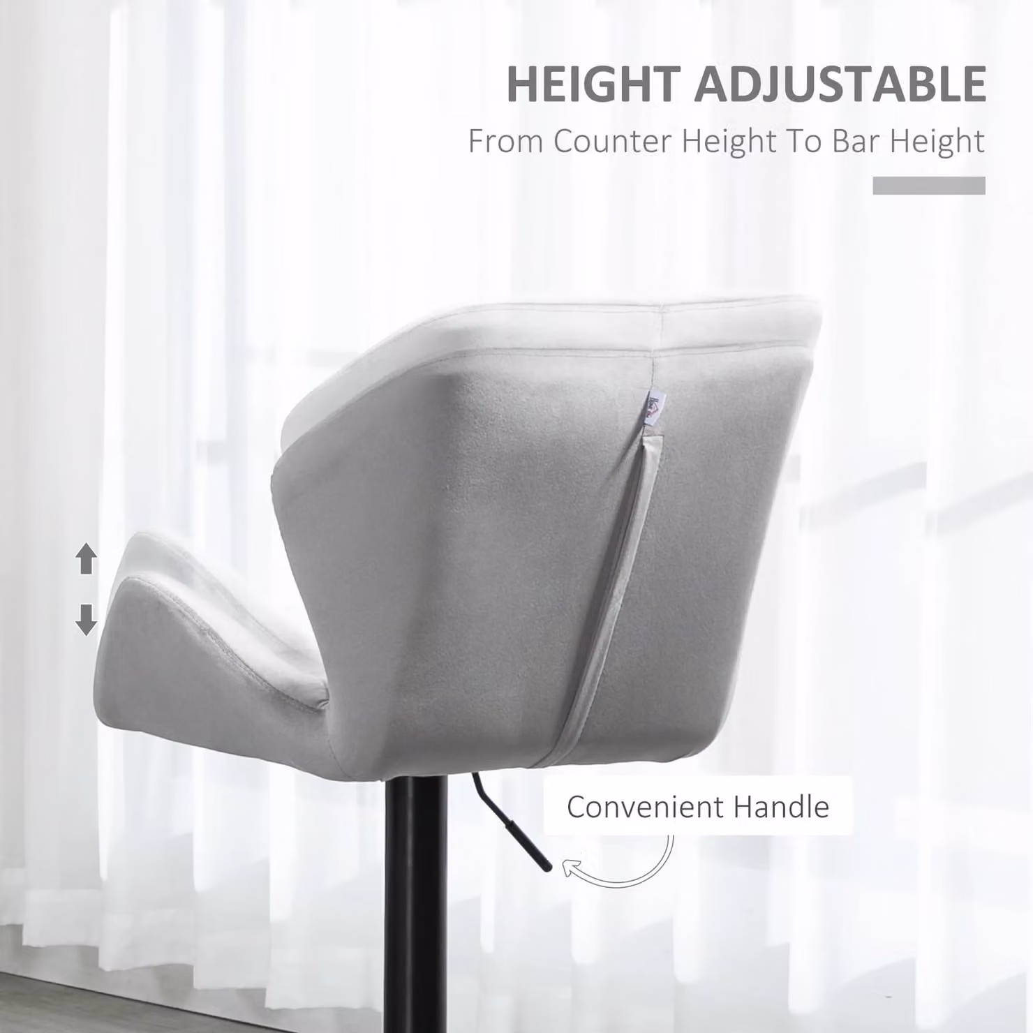 HOMCOM Set of 2 Adjustable Grey Velvet Bar Stools with Metal Frame – 4