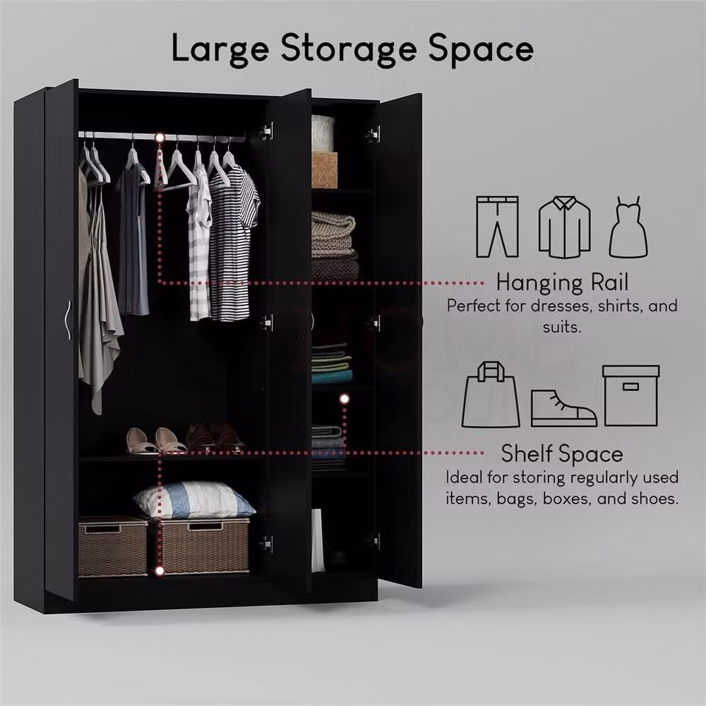 FORGEVIO Black Modern 3 Door Wooden Wardrobe with Internal Shelves and Hanging Rod – 3