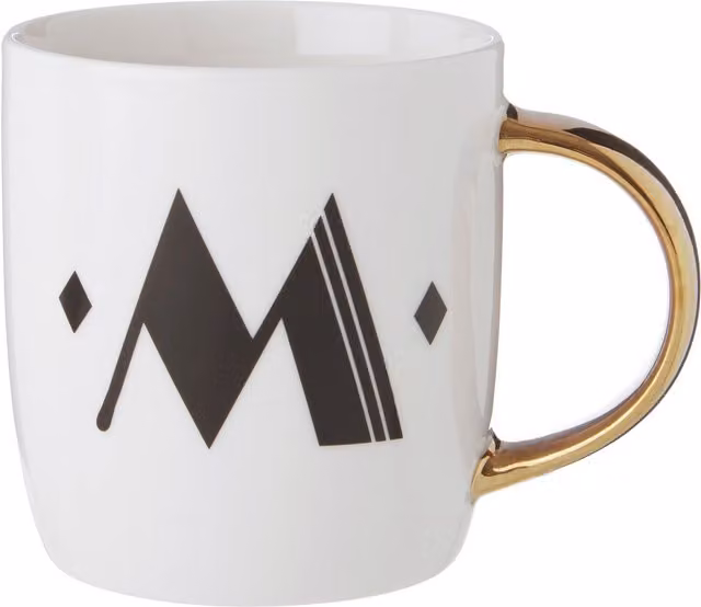 Orsina Chic Diamond Deco M Letter Monogram Bone China Mug in White, Black and Gold