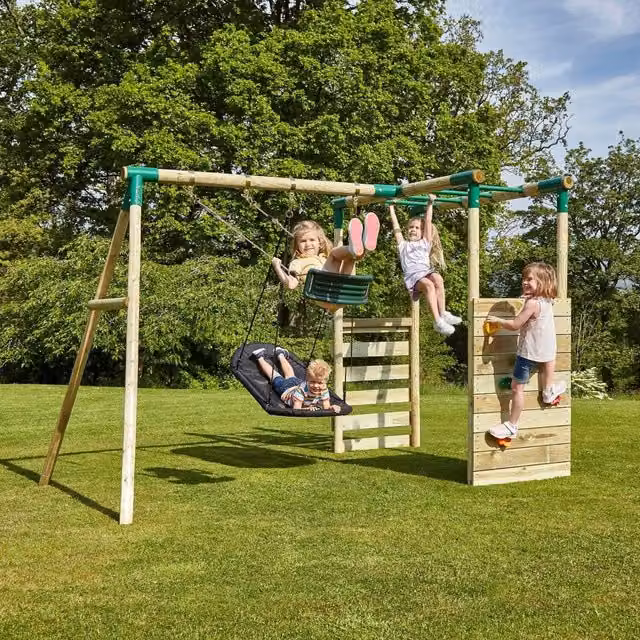 Rebo Luna Wooden Double Swing Set with Climbing Wall and Monkey Bars in Green