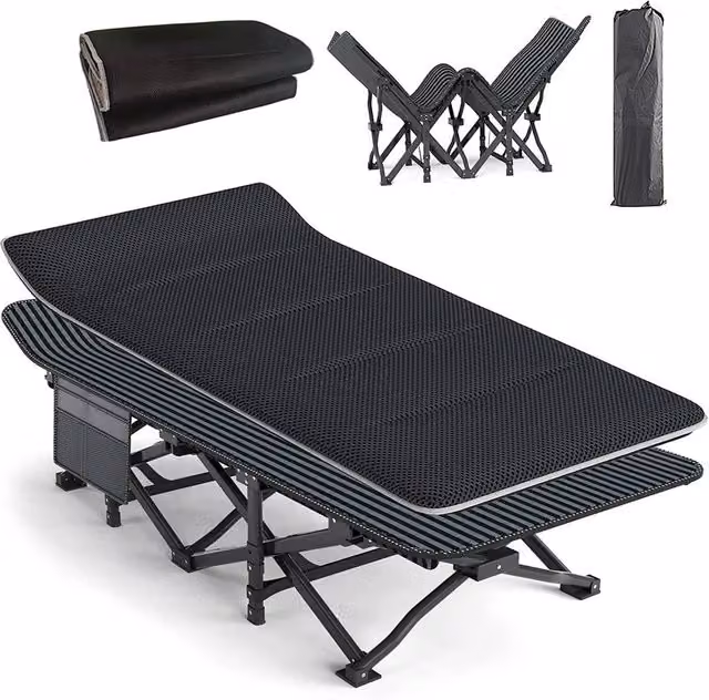 FORGEVIO Adult Portable Camping Cot Bed with Cushion and Side Compartments in Black