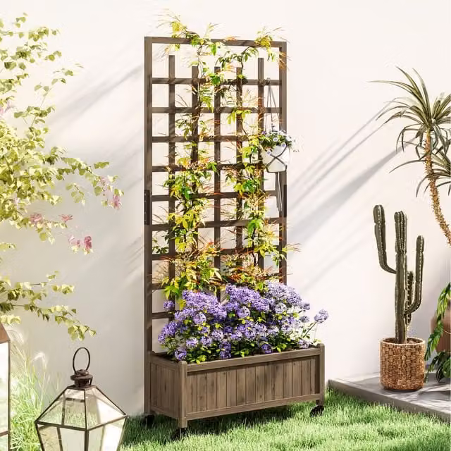 Outsunny Brown Wooden Raised Garden Bed with Trellis, Wheels and Bed Liner