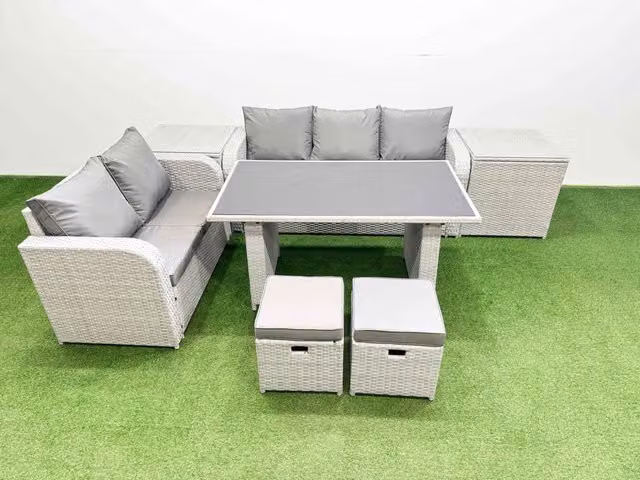 Fimous Garden Furniture Set with Rectangular Glass Top Dining Table and 2 Stools in Light Grey Polyrattan