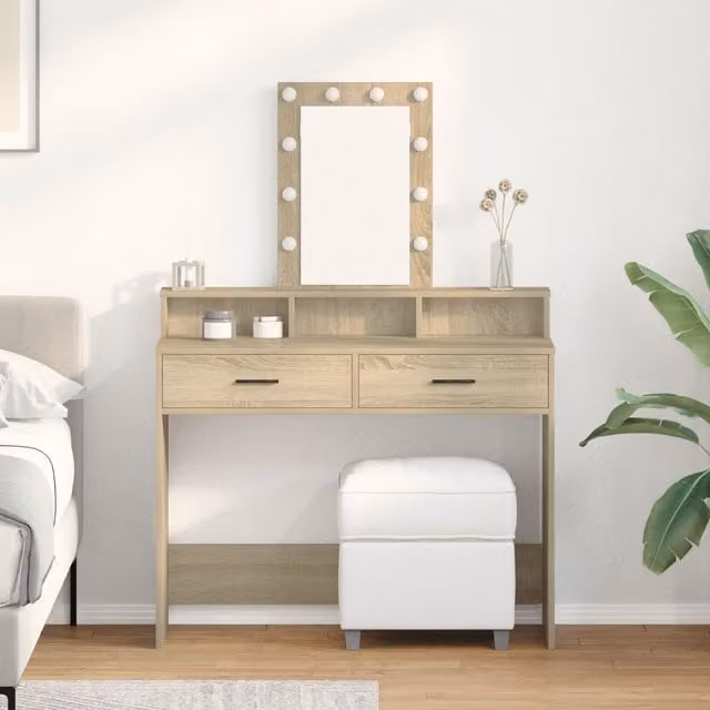 Berkfield Home Sonoma Oak Dressing Table with Hollywood LED Lights in Brown, W: 100 cm, D: 41 cm, H: 140 cm