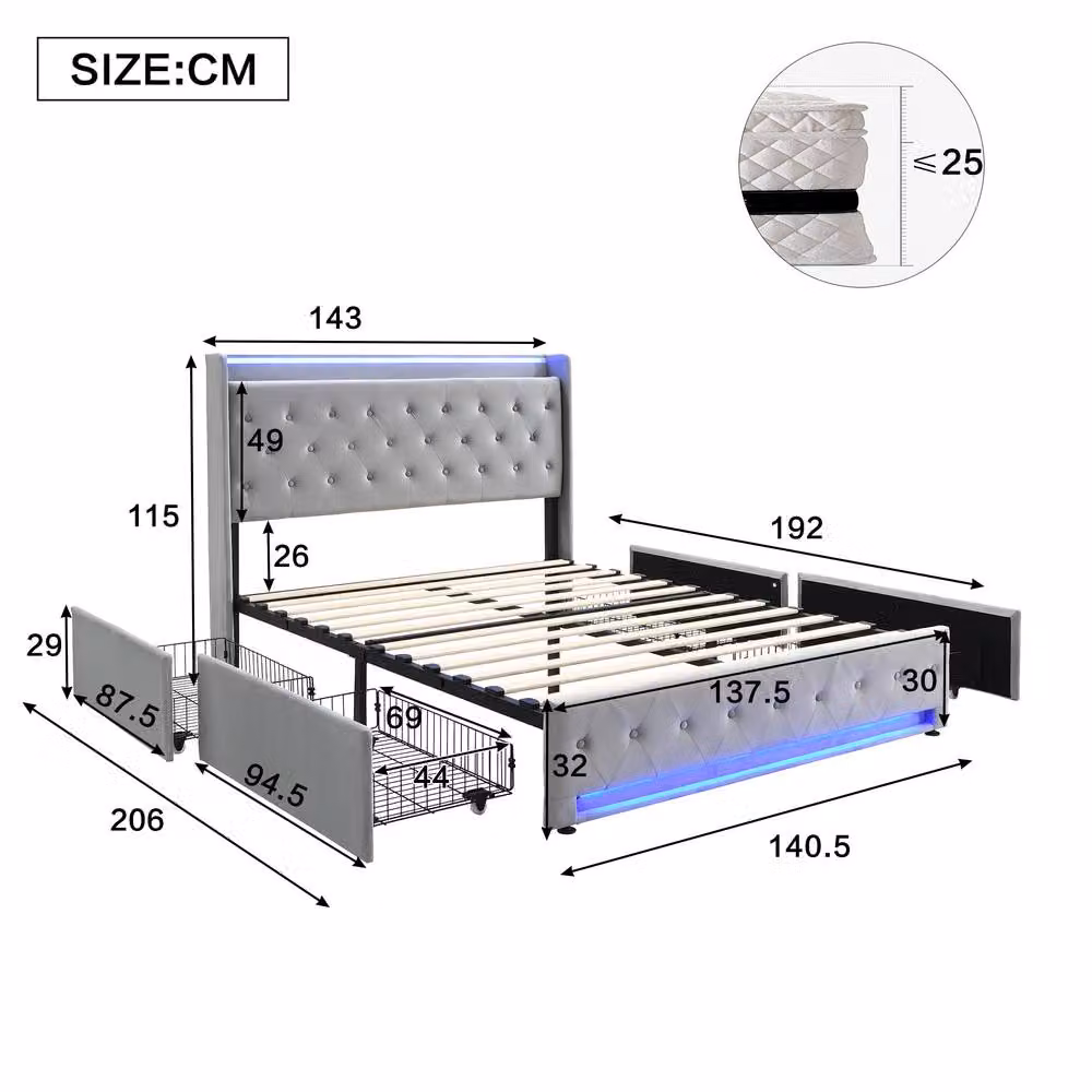 STILVORA Double Bed Frame with Storage Drawers, Grey Velvet, W/D/H: 140 x 200 x 135 cm – 4