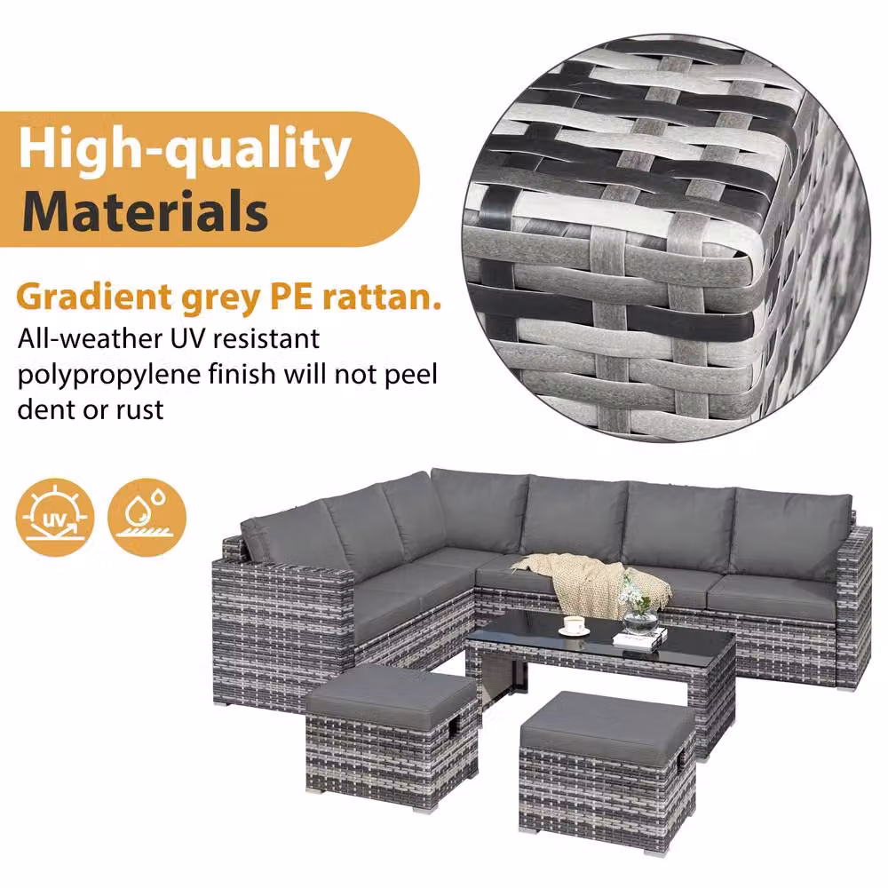 BTM Grey L-Shape Outdoor Rattan Sofa Set with Coffee Table, Ottomans and Upholstered Cushions – 4