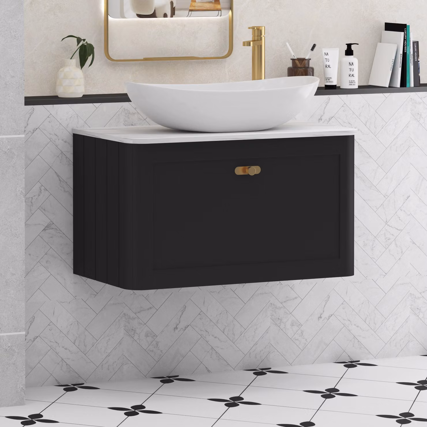 Royal Bathrooms Henley 800mm Matt Nocturne Black Wall Hung Vanity Unit with Cesar Basin and Brushed Brass Knob