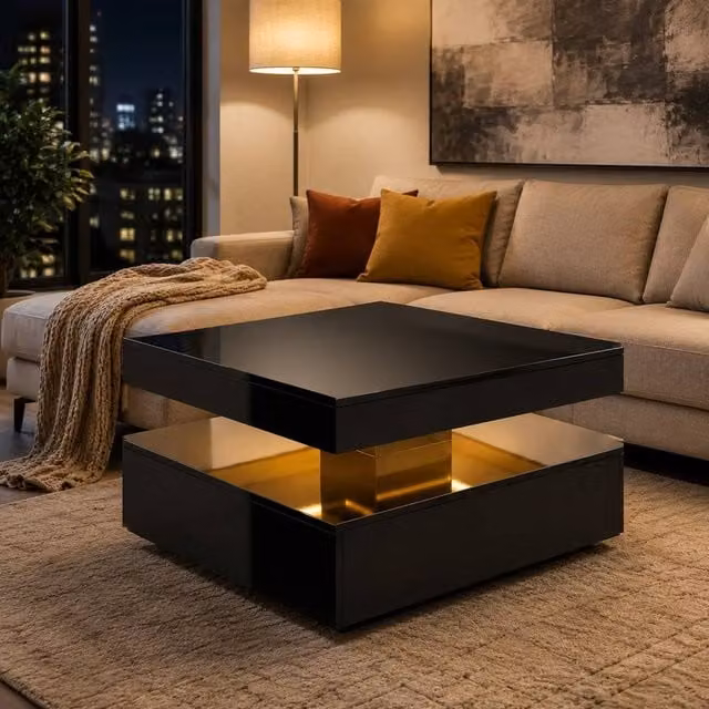 STILVORA Modern Glossy Black Square Coffee Table with Glass and Open Storage – 1