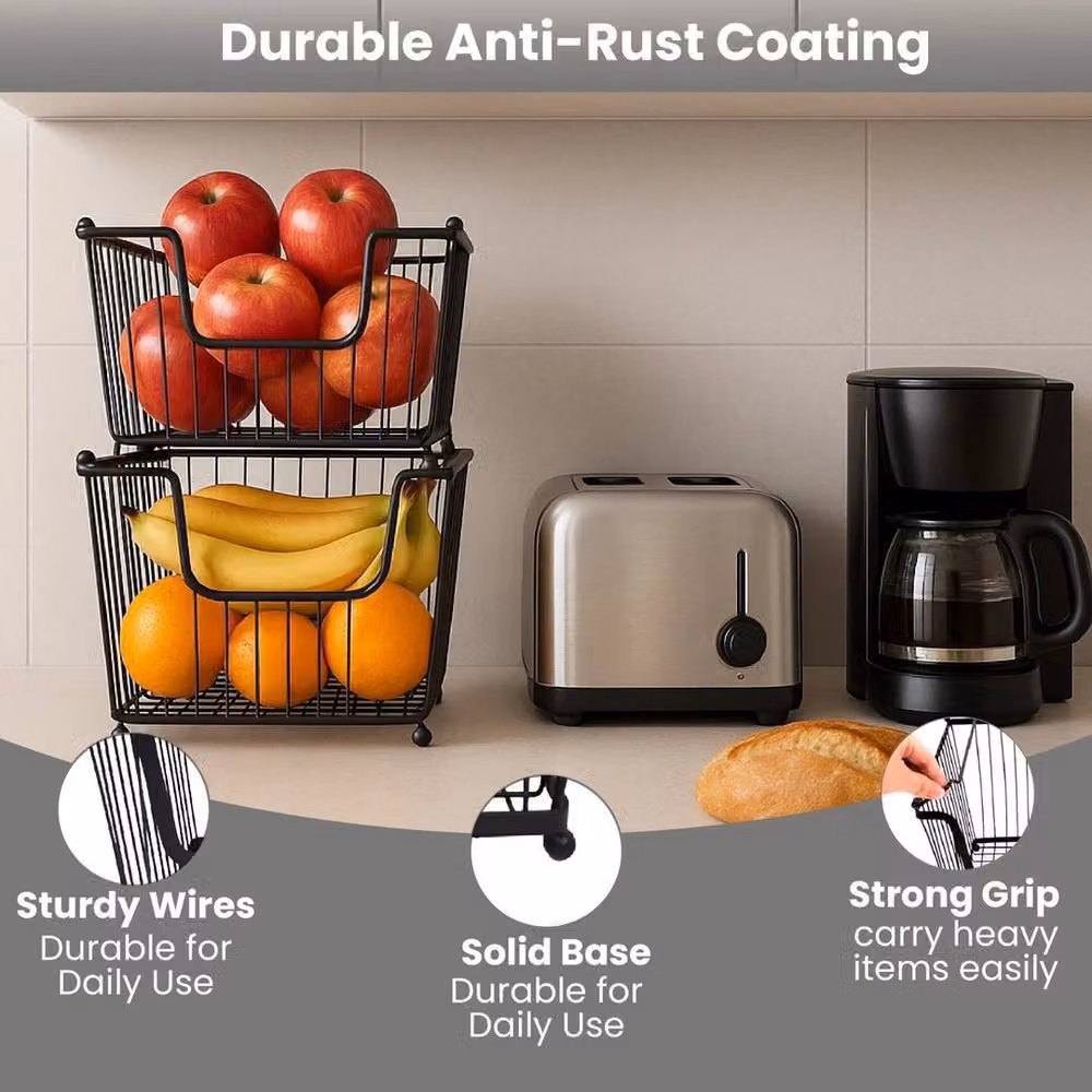 PAWNORA Set of 2 Stackable Black Wire Vegetable and Fruit Storage Racks – 4