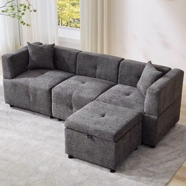 Tokpiedi 3 Seater Reversible L-Shape Corner Sofa with Matching Storage Ottoman in Grey Fabric – 1