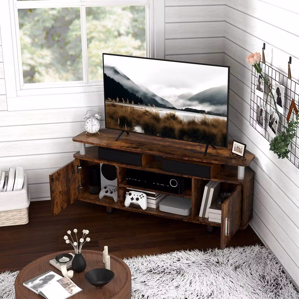 STILVORA TV Stand with 2 Cupboards and Shelves in Rustic Brown – 2