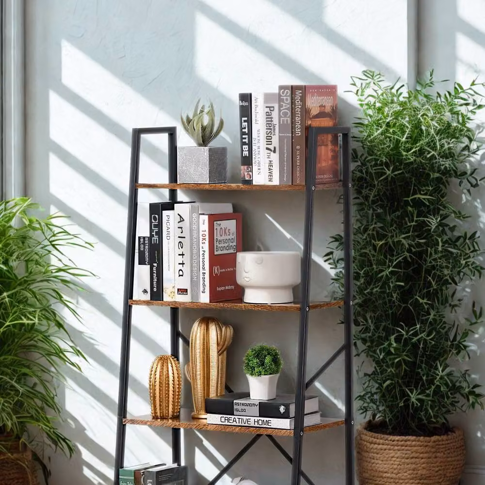 Pirlo Plush 4 Tier Freestanding Ladder Shelf for Living Room Storage, Rustic Brown, H 145 x W 60 x D 37.5 cm – 3