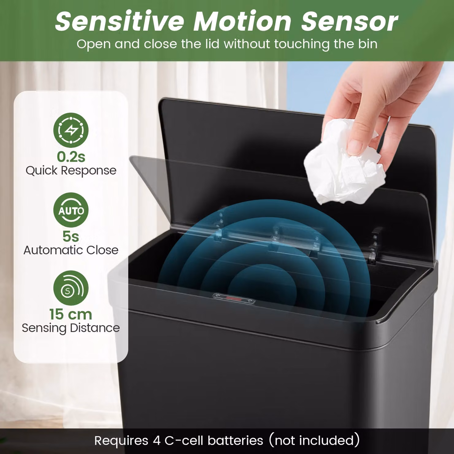 Costway 56L Stainless Steel Motion Sensor Trash Can with Soft Close and Fingerprint Proof Finish in Black – 4