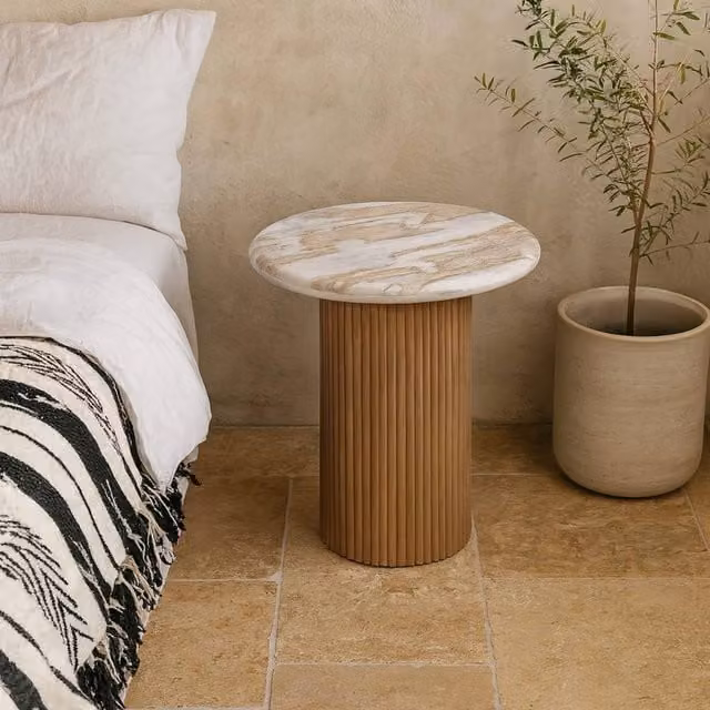 Wyld Haus Halifax Pedestal Side Table in Natural Oak and Brown Marble, W/D/H: 40 x 40 x 55 cm – 1
