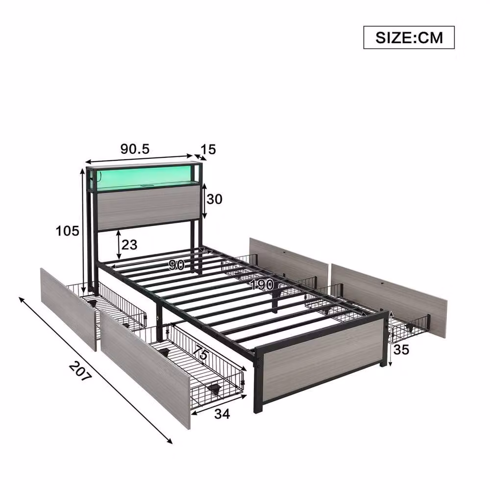PAWNORA Single Bed Frame with LED Under-Bed Lighting and Drawers in Grey, 90 x 200 cm – 2