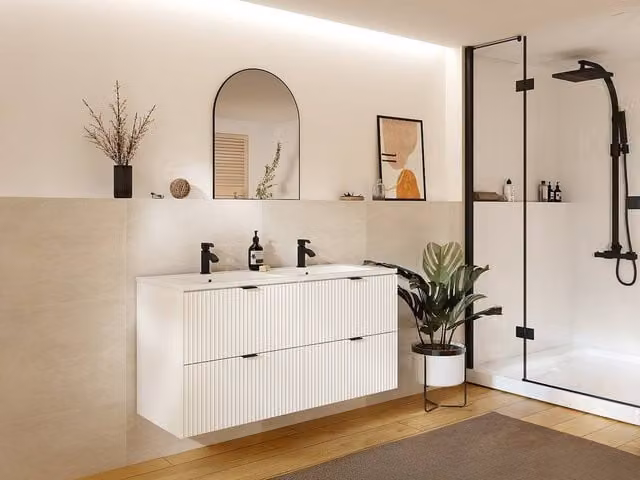 ZEVINI Wall-Hung Ribbed Bathroom Vanity Unit with Ceramic Inset Basin, Matt White, W/D/H: 60 x 47 x 60 cm