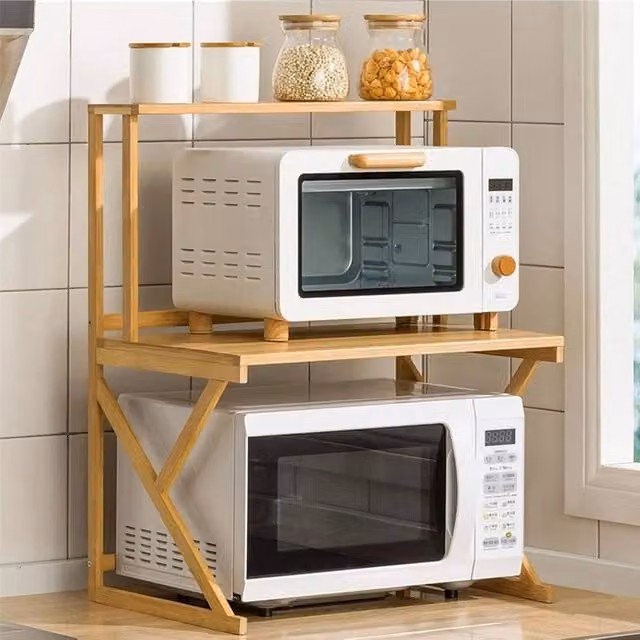 EONLION 3 Tier Bamboo Microwave Oven Rack in Brown, Width: 100 cm