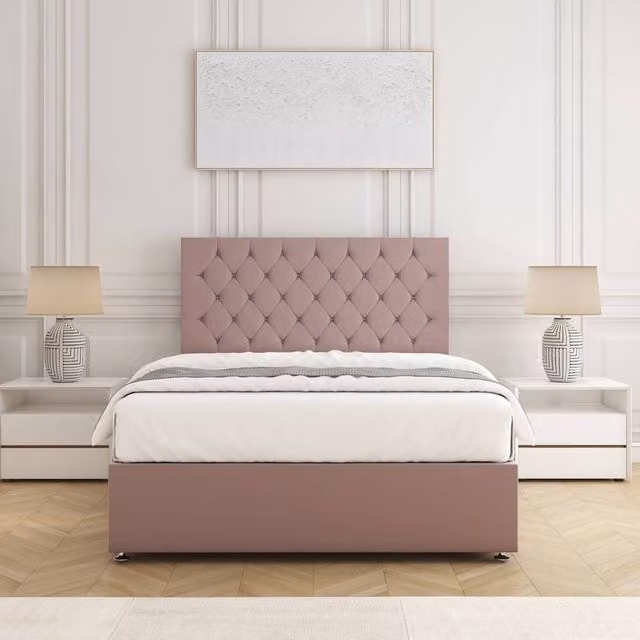 BSSPOKE Mia King Size Plush Velvet Divan Bed Set with 24 inch Headboard and Mattress in Pink, W/D/H: 180 x 200 cm