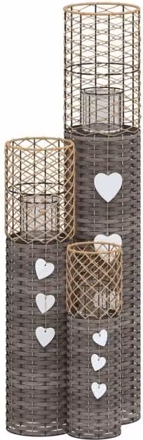 Berkfield Set of 3 Grey Wicker and Glass Round Tabletop Candle Holders