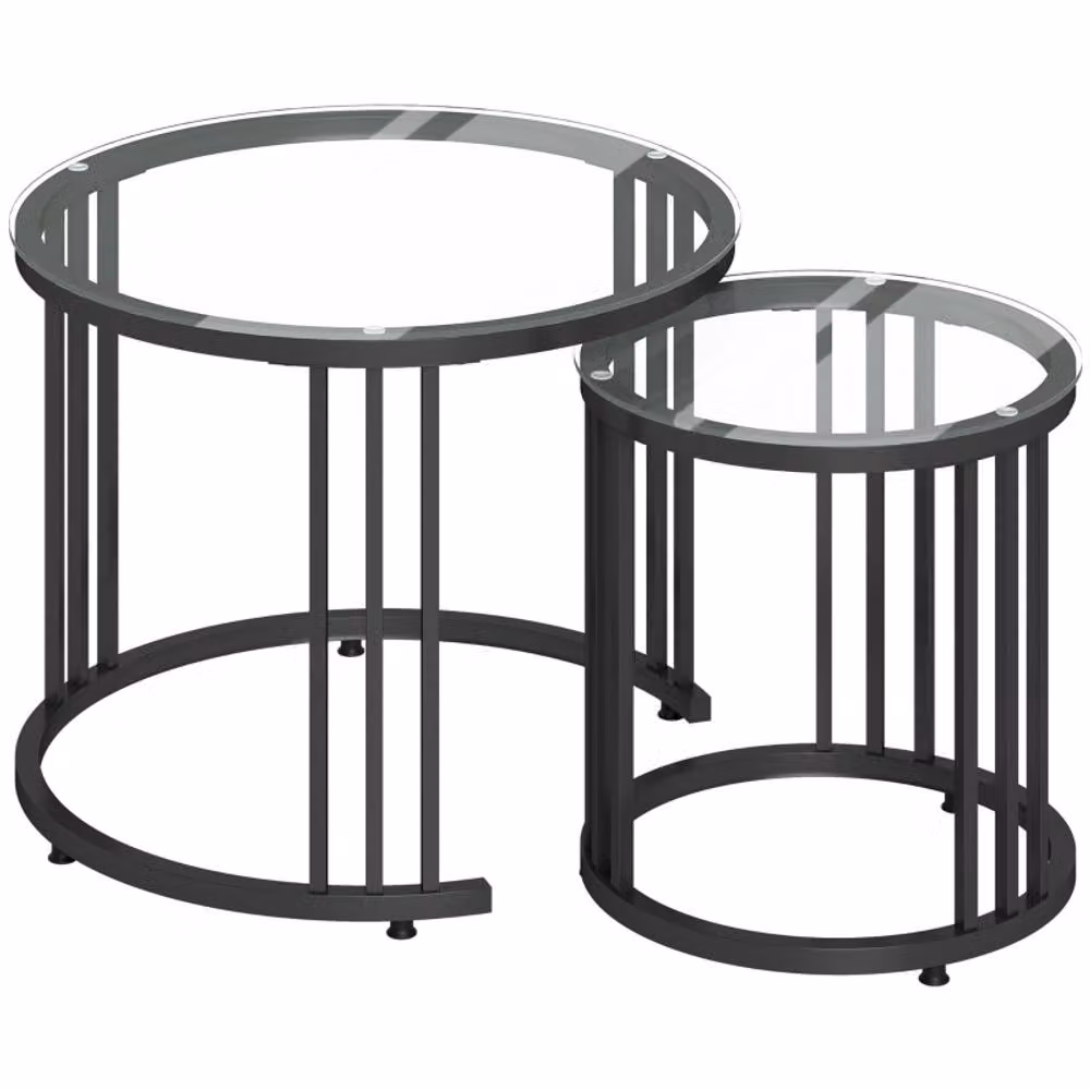 STILVORA Set of 2 Round Nesting Coffee Tables with Black Glass Tops – 6