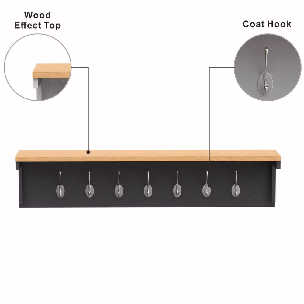 Kelvenix Black Wall Mounted Coat Rack Shelf with Wood Panel, W: 80 cm, H: 18 cm, D: 14 cm – 5