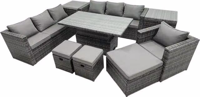 Fimous Rattan Lounge Sofa Set with Rising Dining Table, 2 Side Tables and 3 Footstools in Dark Grey