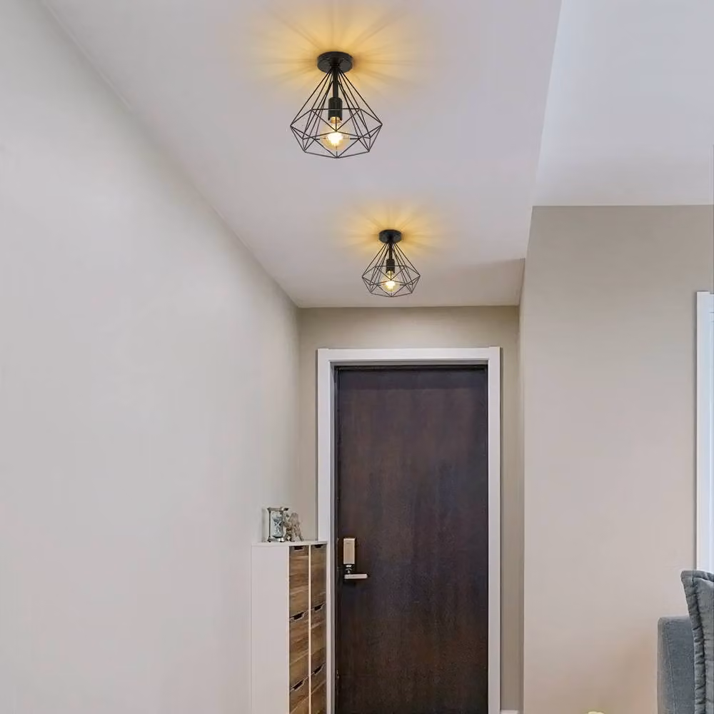 Goeco Industrial Diamond Cage Semi Flush Mount Ceiling Light in Black – 3