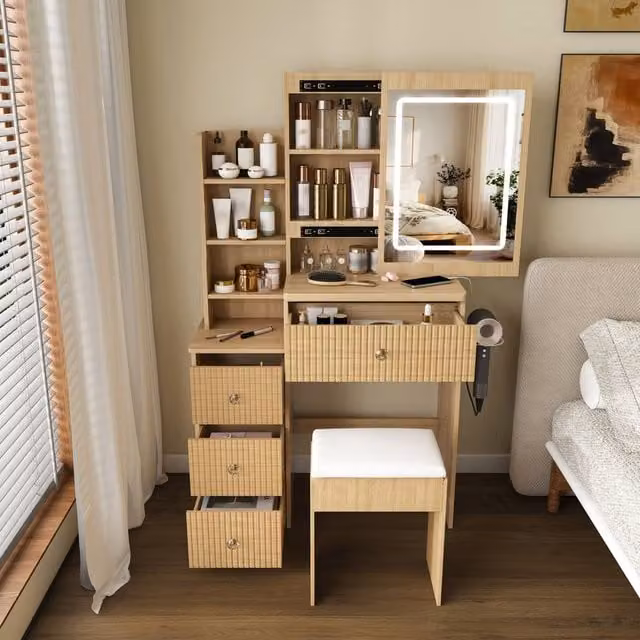 Matteo Modern LED Vanity Desk with 4 Drawers in Natural Walnut