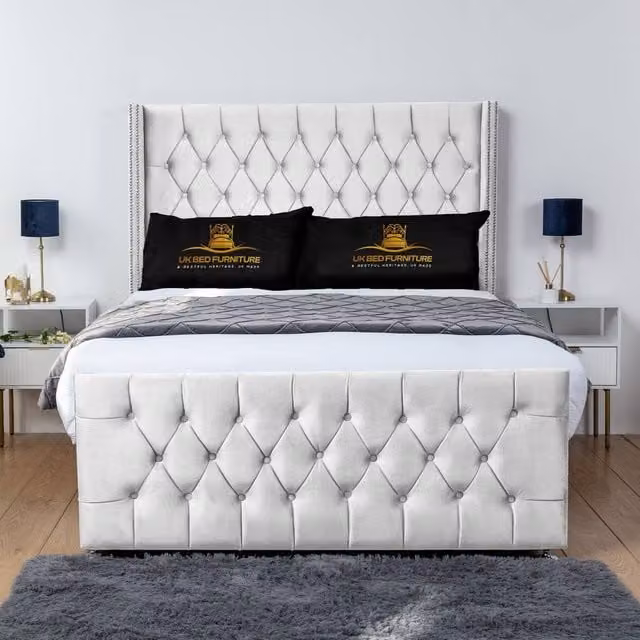 UK Bed Furniture Emily Wingback Divan Bed with 54 Inch Diamond Headboard, White Velvet Fabric, Super King, W/D/H: 200 x 200 cm