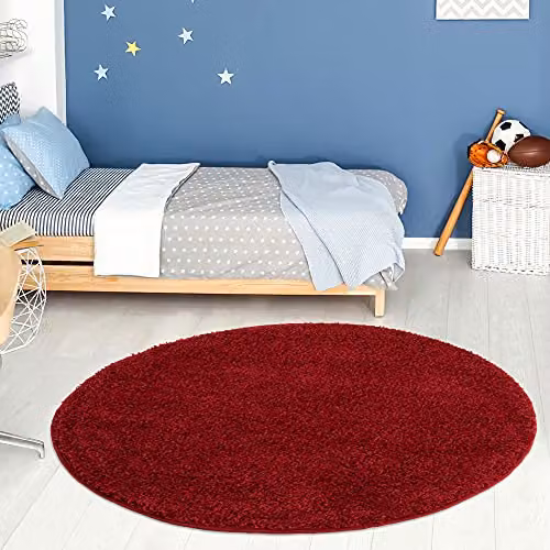 THE RUGS Red Plain Shaggy Round Rug for Living Room and Bedroom, Diameter: 120 cm