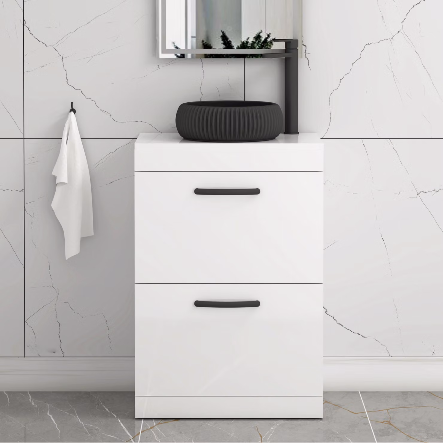Royal Bathrooms Turin 500mm Floor Standing 2 Drawer Gloss White Vanity Unit with Milan Black Countertop Basin