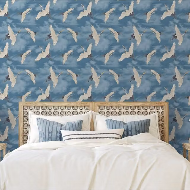 Muriva Oriental Japanese Birds and Cranes Floral Wallpaper in Blue, White, Silver and Grey